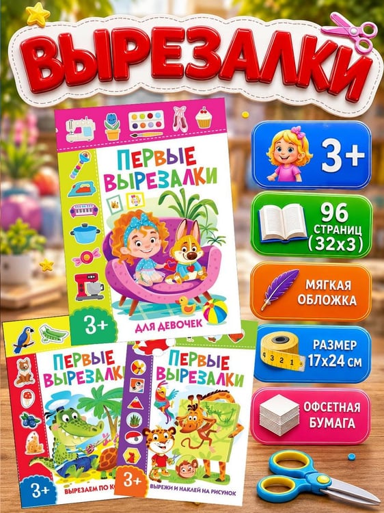 Дополнительное изображение книги «Первые вырезалки для девочек. Подбери картинку по контуру. Вырежи и наклей на рисунок (комплект из 3-х книг)»