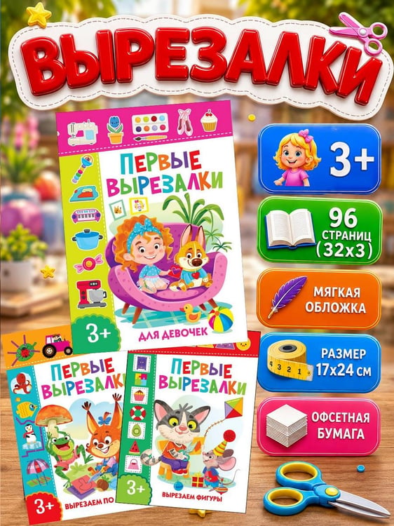 Дополнительное изображение книги «Первые вырезалки для девочек, Вырезаем фигуры, Вырезаем по линиям (комплект из 3-х книг)»
