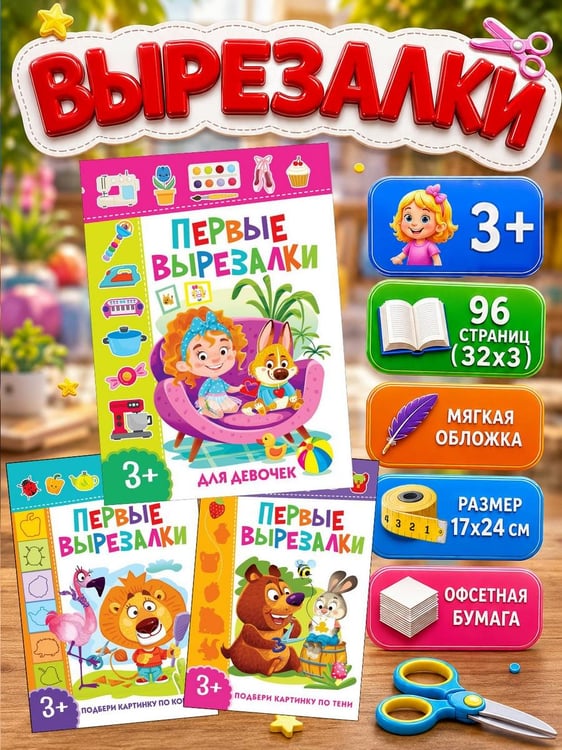 Дополнительное изображение книги «Первые вырезалки для девочек, Вырезаем по контуру, Подбери картинку по тени (комплект из 3-х книг)»