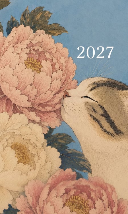 Обложка книги «Ежедневник в стиле Хобоничи. Японский тренд. Котик в цветах (датированный, на 2027 год)», ISBN 9785042528927