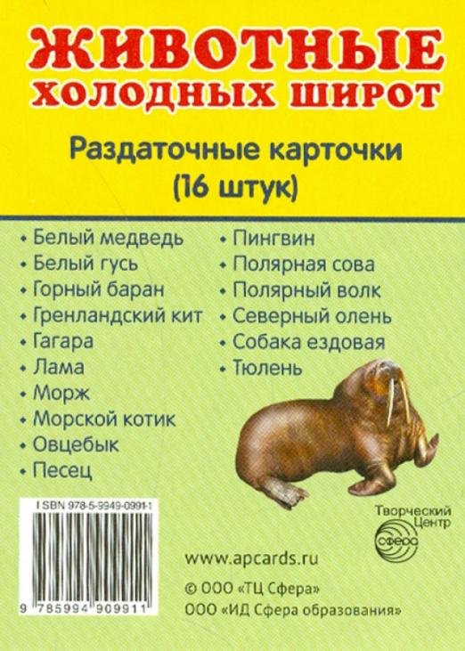 Обложка книги «Раздаточные карточки "Животные холодных широт" (16 штук)», ISBN 9785994909911